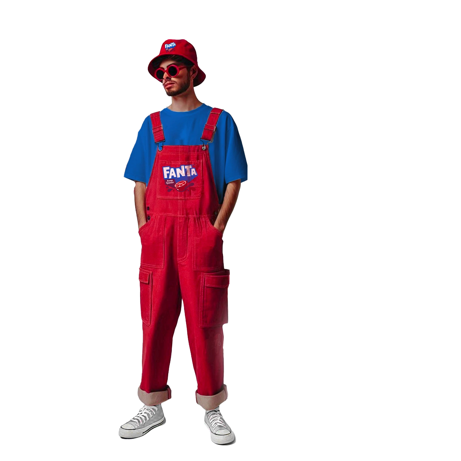 Streetwear look — model in red Coca-Cola dungarees