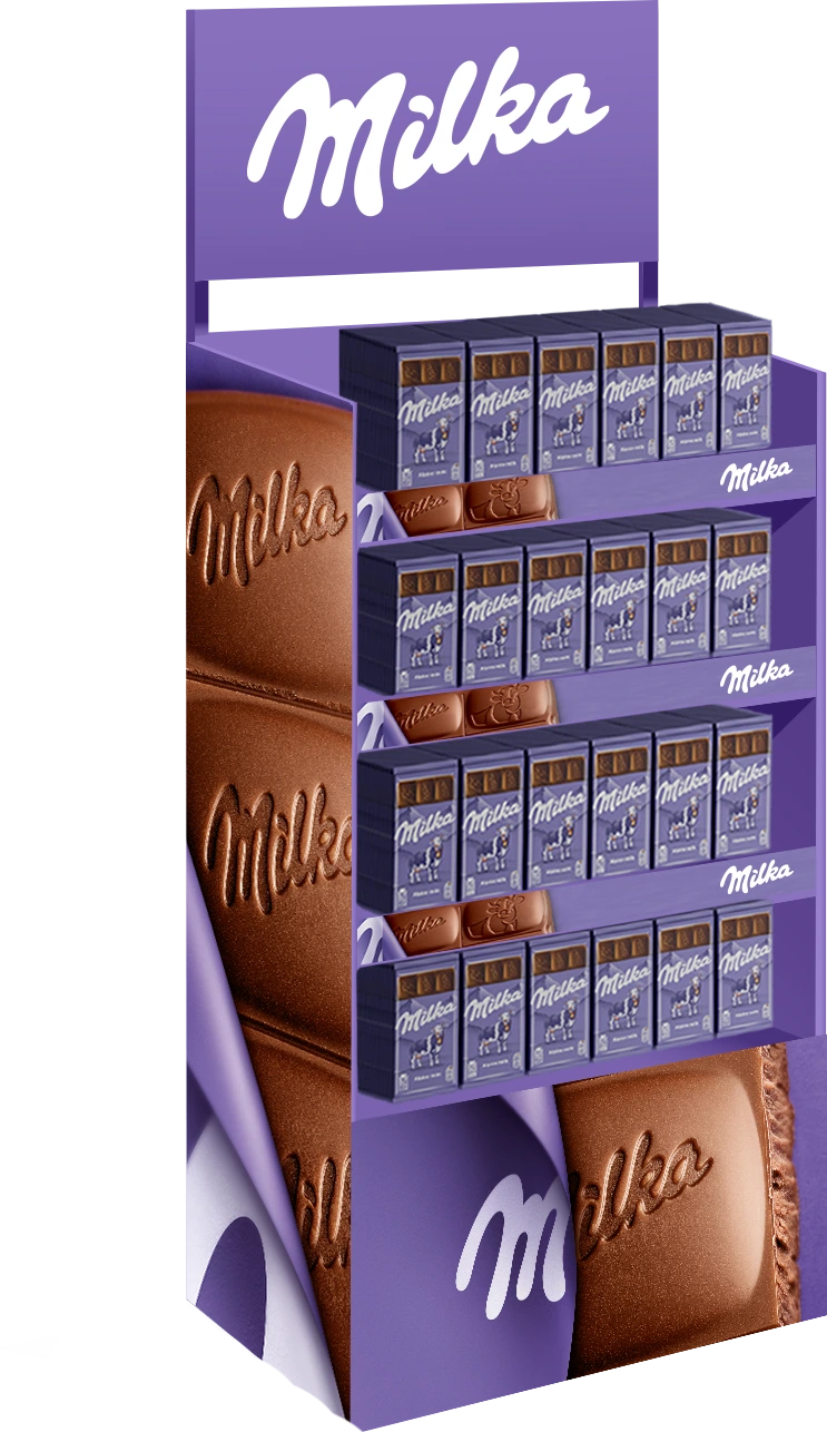 Purple chocolate promo standee with showtimes
