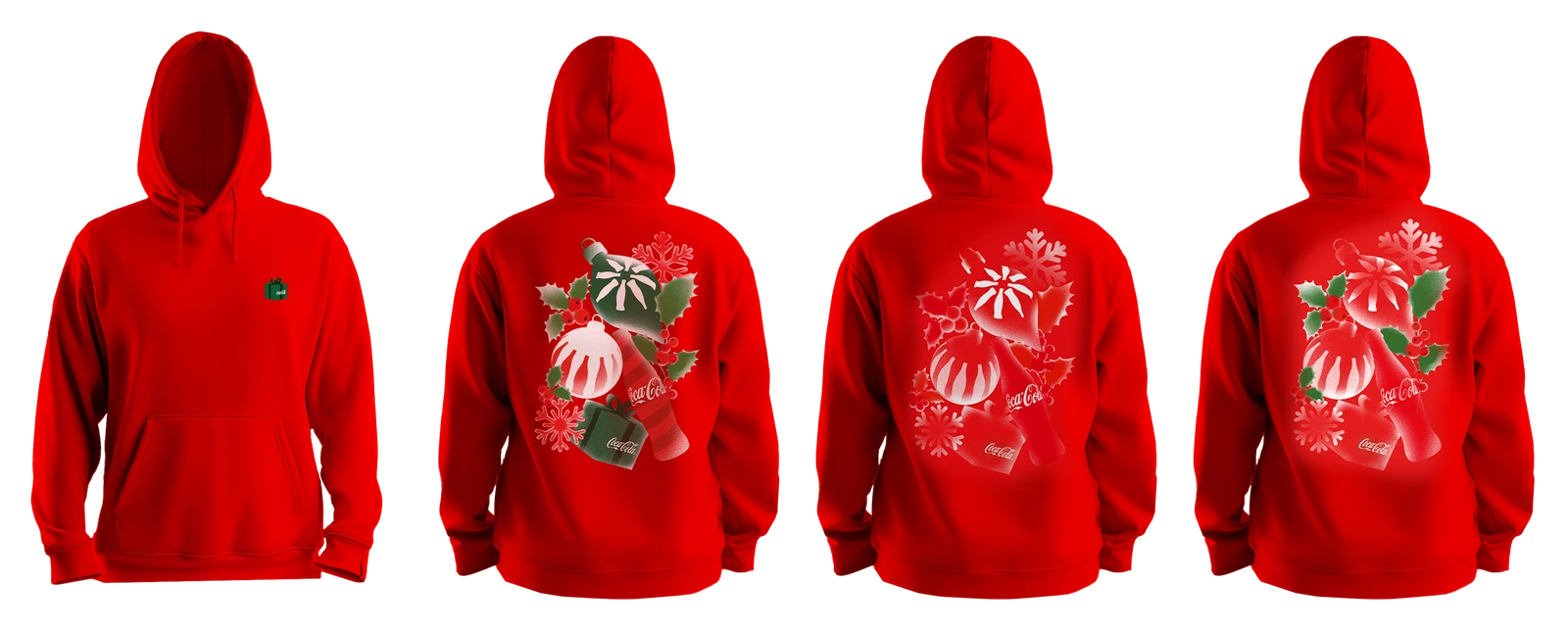 Line-up of red Coca-Cola branded hoodies