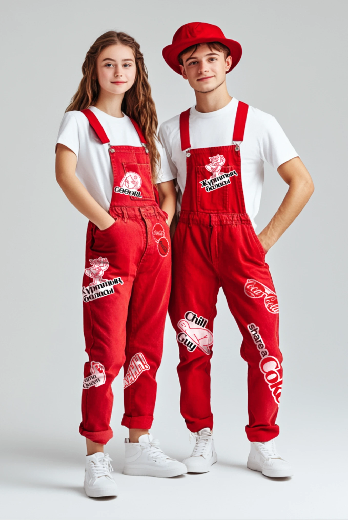 Team members in red Coca-Cola branded overalls