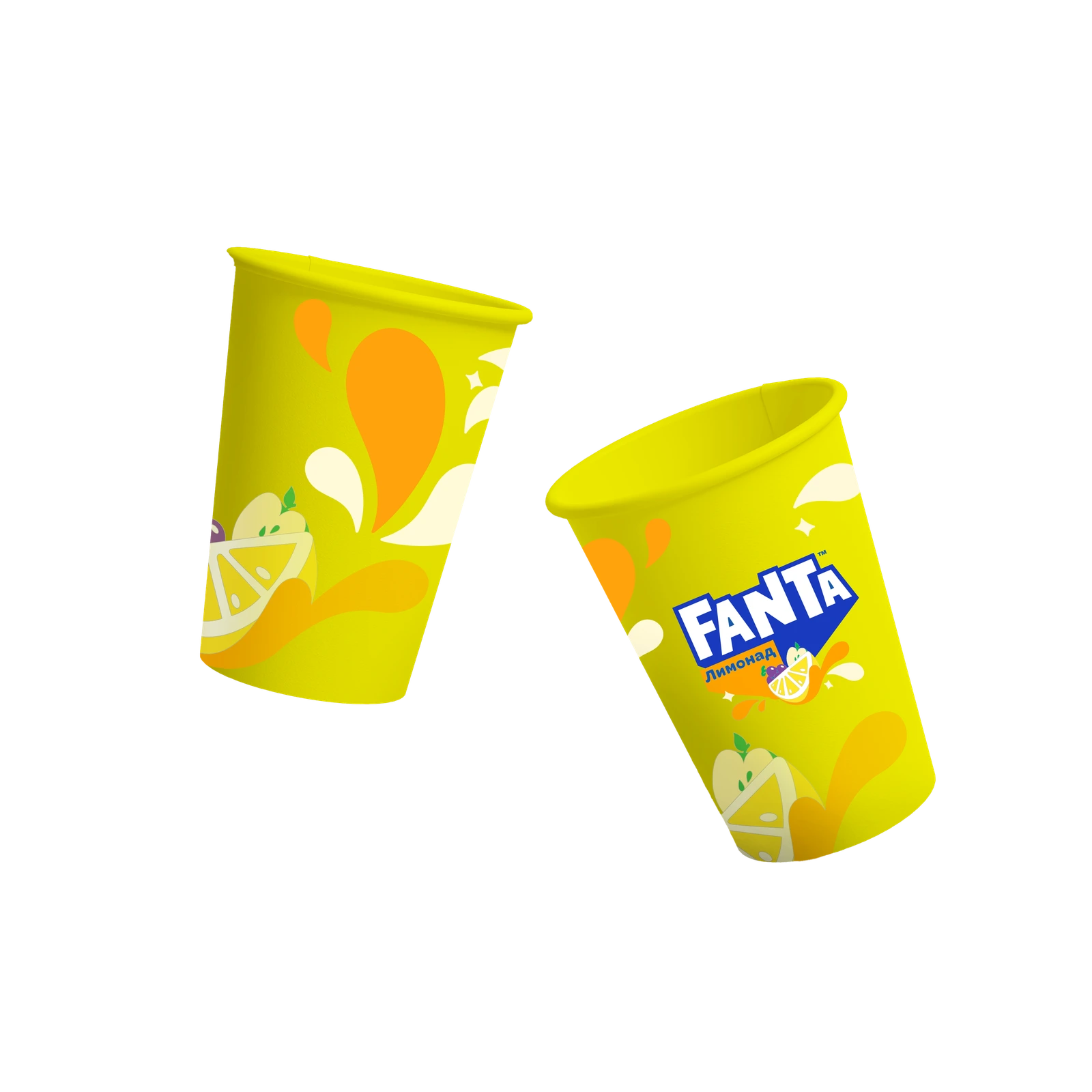 Two Fanta cups — orange and lemon