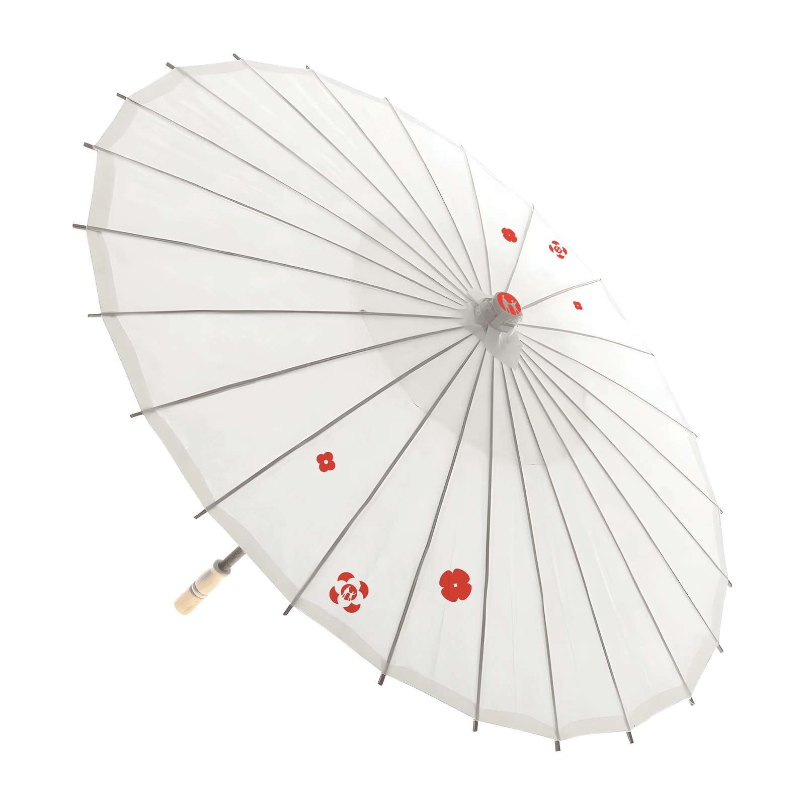 Branded white paper parasol, open
